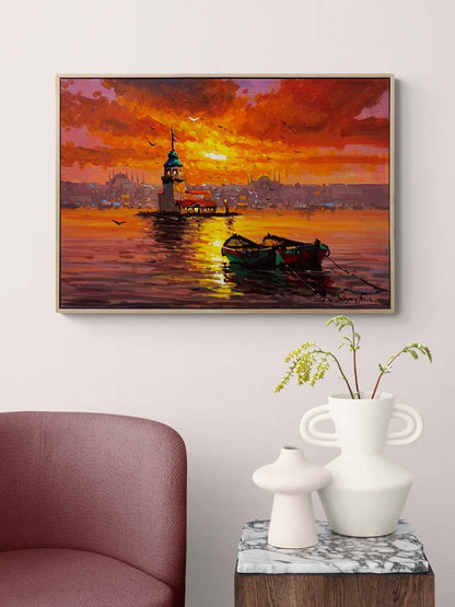 Kız Kulesi'nde Kızıl Gün Yağlı Boya Tablosu