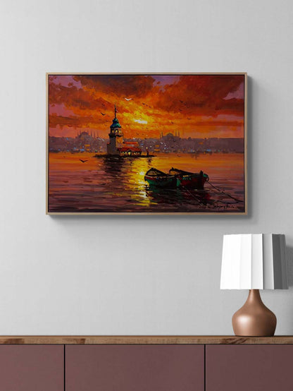 Kız Kulesi'nde Kızıl Gün Yağlı Boya Tablosu