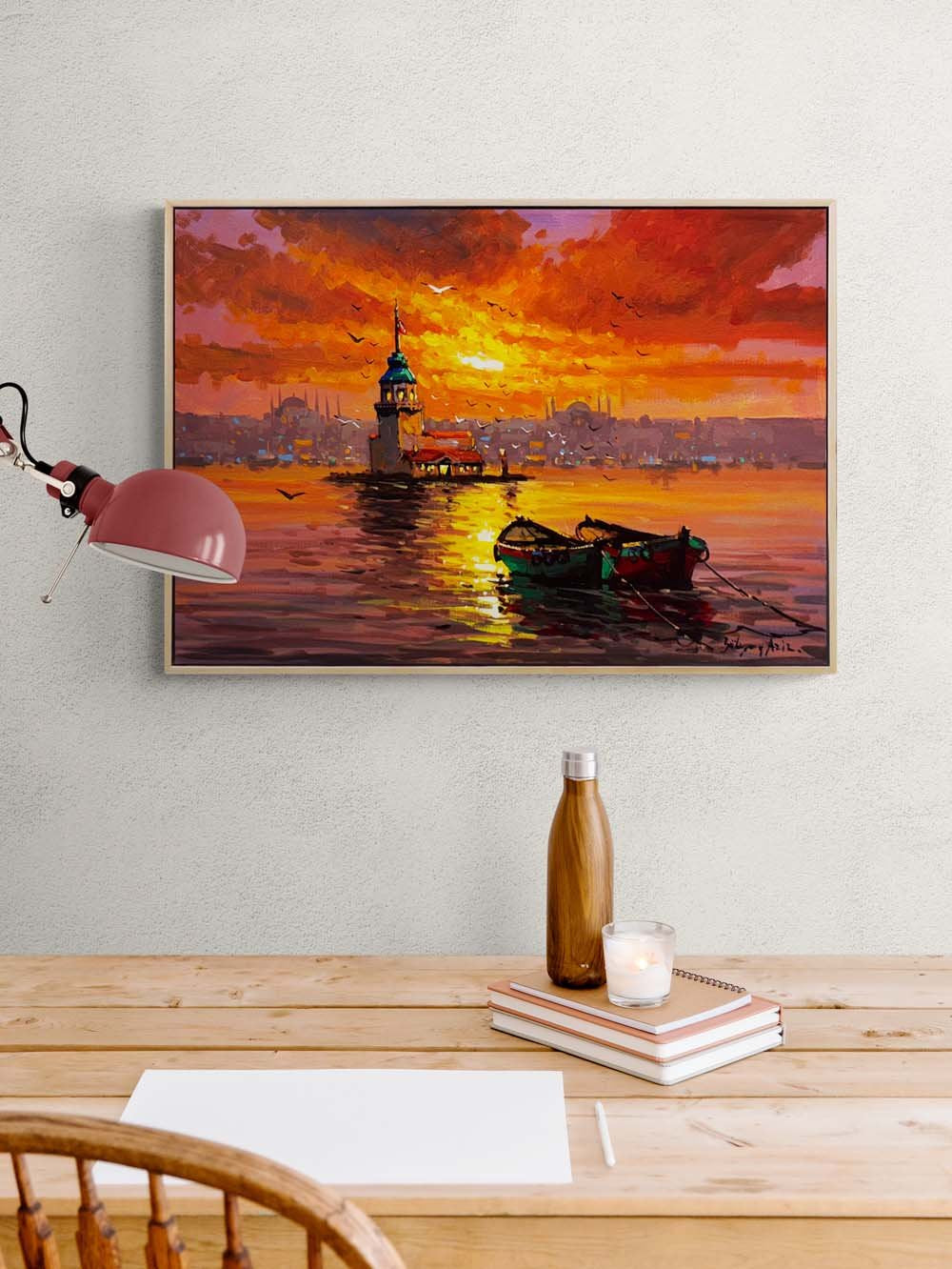 Kız Kulesi'nde Kızıl Gün Yağlı Boya Tablosu