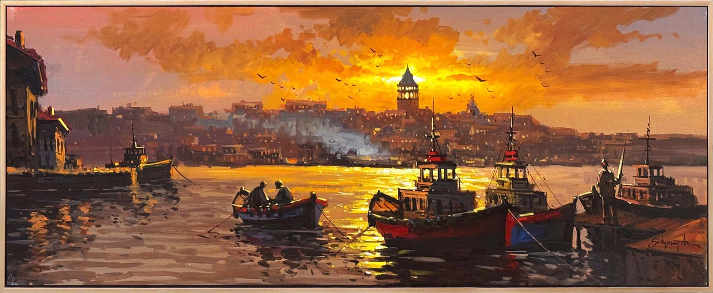 Gecede Boğaz Işıkları Yağlı Boya Tablosu