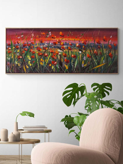 Kızıl Günbatımında Gelincikler Yağlı Boya Tablosu