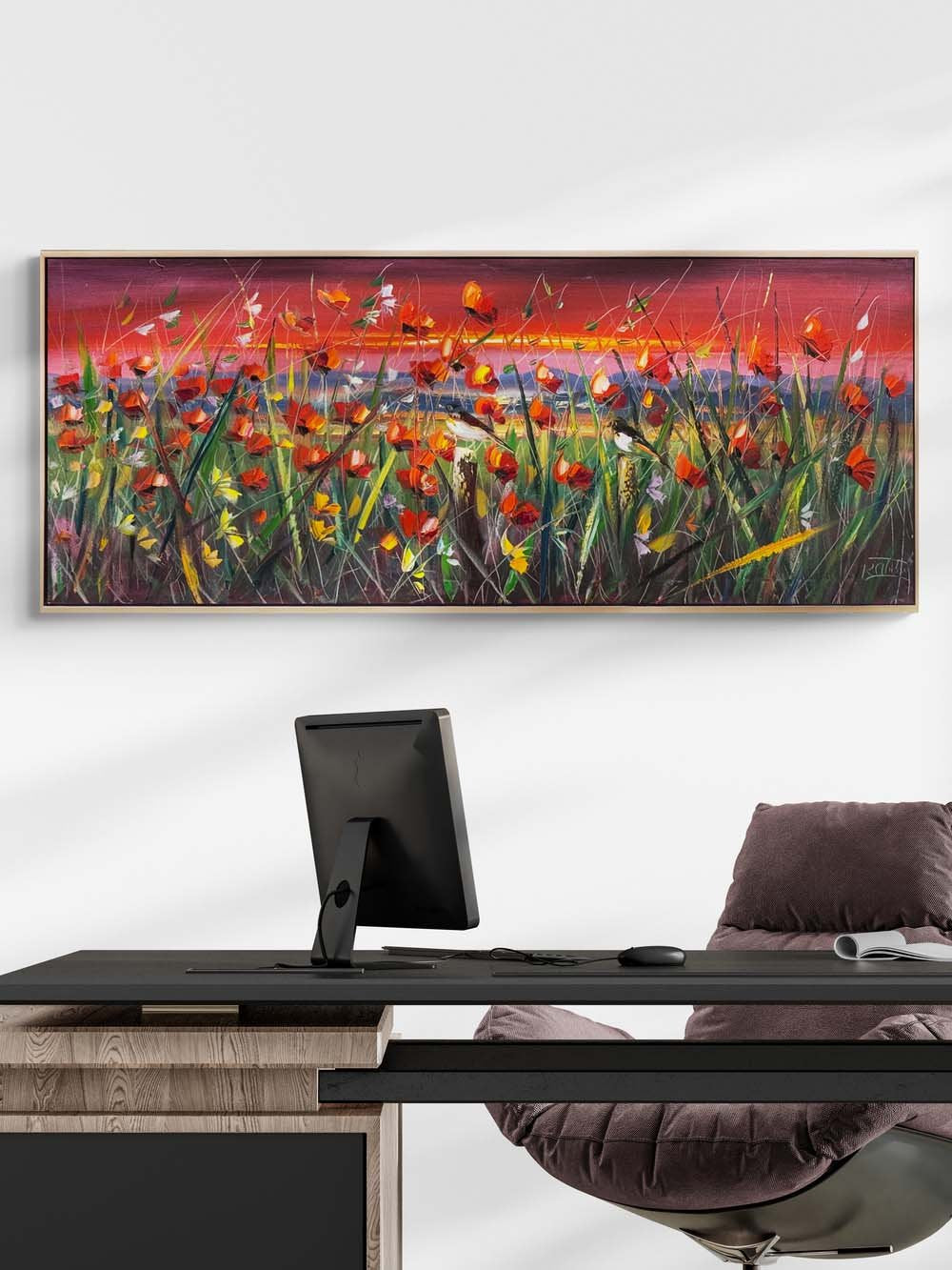 Kızıl Günbatımında Gelincikler Yağlı Boya Tablosu