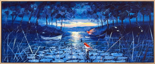 Mavi Ormanda Gece Yağlı Boya Tablosu