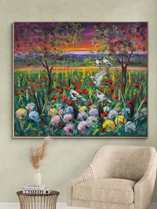 Kır Çiçekleri ve Kuşlar Yağlı Boya Tablosu