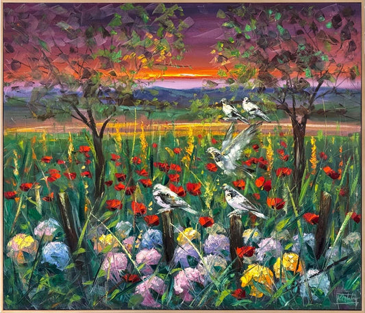 Kır Çiçekleri ve Kuşlar Yağlı Boya Tablosu