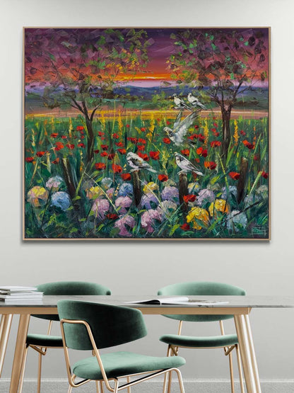 Kır Çiçekleri ve Kuşlar Yağlı Boya Tablosu