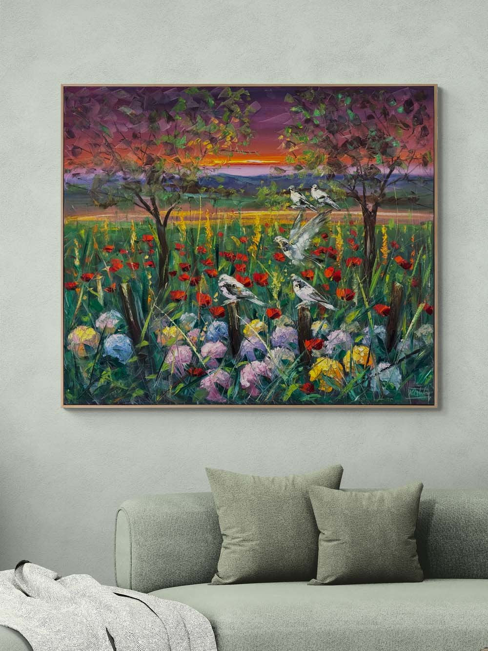 Kır Çiçekleri ve Kuşlar Yağlı Boya Tablosu