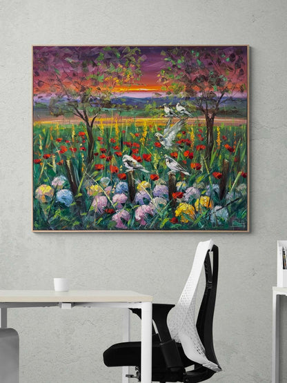 Kır Çiçekleri ve Kuşlar Yağlı Boya Tablosu