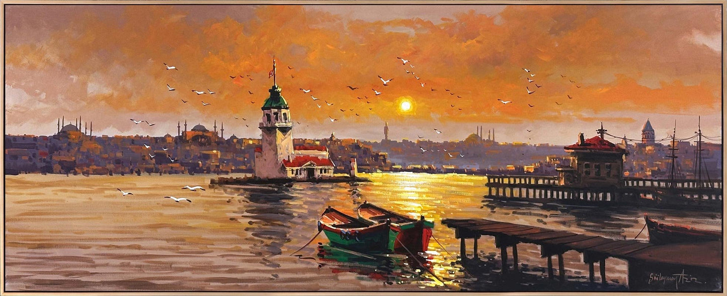 Altın Işıklarda Kız Kulesi Yağlı Boya Tablosu