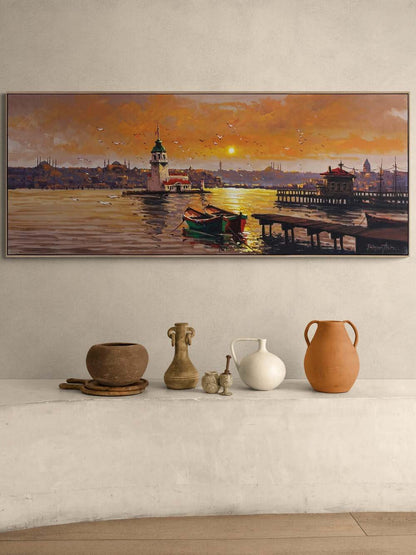 Altın Işıklarda Kız Kulesi Yağlı Boya Tablosu