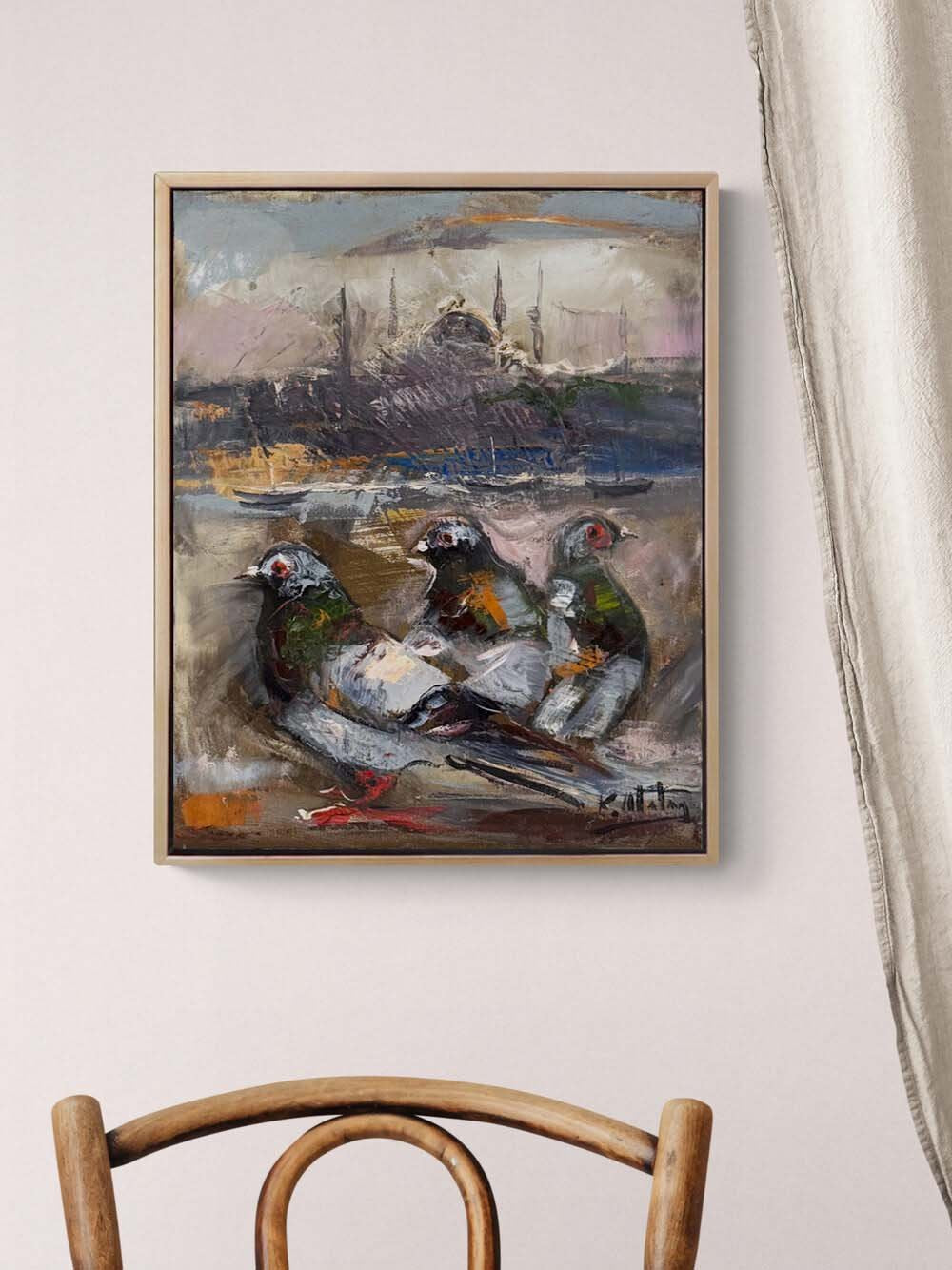 Güvercinlerin Boğazda Şarkısı Yağlı Boya Tablosu