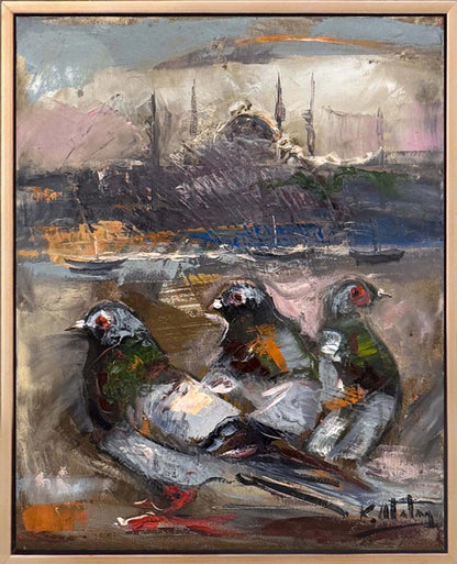 Güvercinlerin Boğazda Şarkısı Yağlı Boya Tablosu