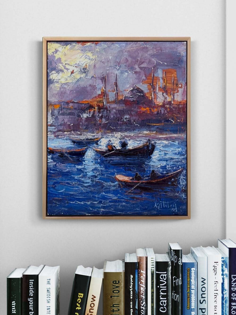 Maviyle Dokunmuş Şehir Yağlı Boya Tablosu