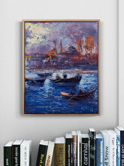 Maviyle Dokunmuş Şehir Yağlı Boya Tablosu