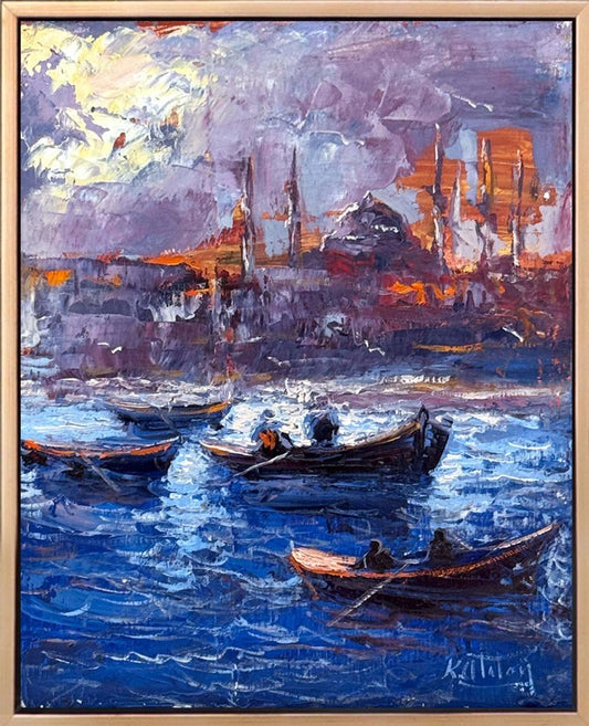 Maviyle Dokunmuş Şehir Yağlı Boya Tablosu