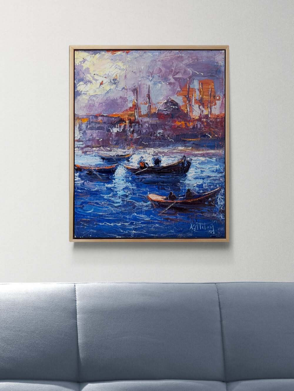 Maviyle Dokunmuş Şehir Yağlı Boya Tablosu