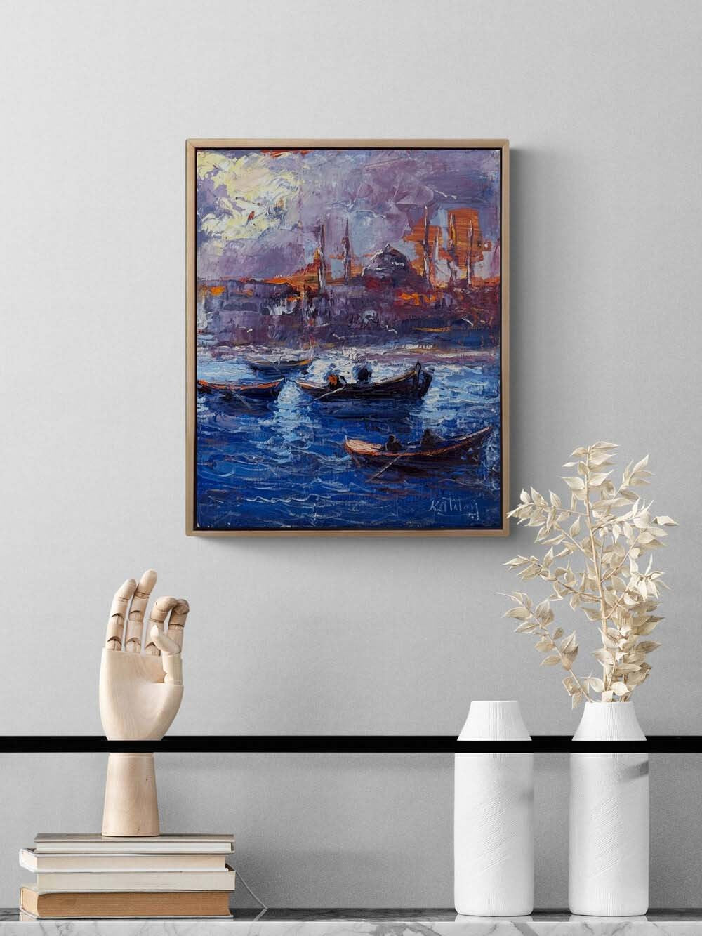 Maviyle Dokunmuş Şehir Yağlı Boya Tablosu