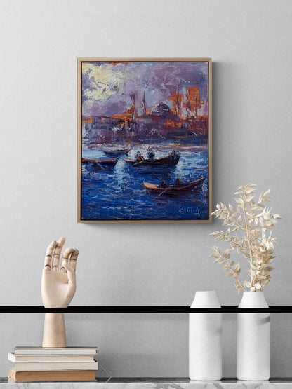 Maviyle Dokunmuş Şehir Yağlı Boya Tablosu