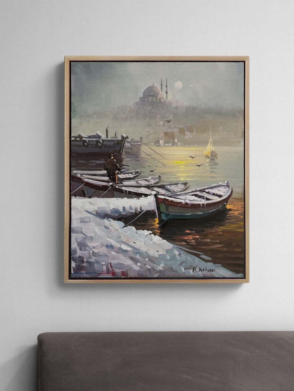 Kar Manzarasında Boğaz Yağlı Boya Tablosu