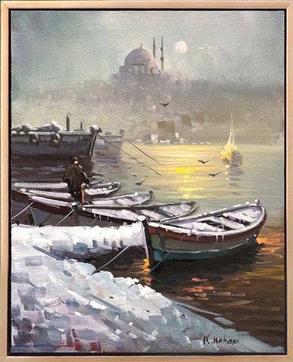 Kar Manzarasında Boğaz Yağlı Boya Tablosu