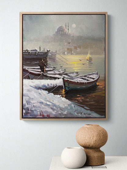 Kar Manzarasında Boğaz Yağlı Boya Tablosu