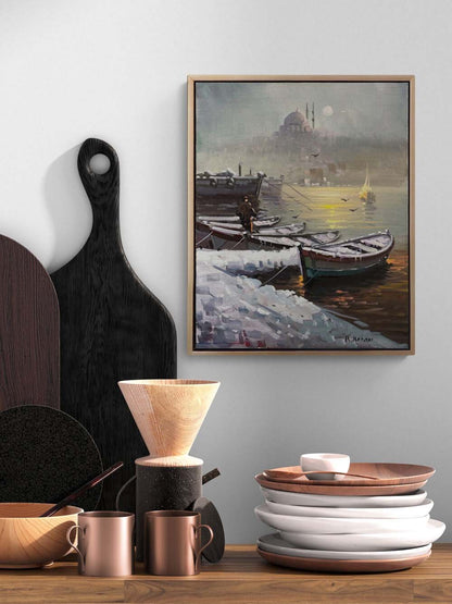 Kar Manzarasında Boğaz Yağlı Boya Tablosu