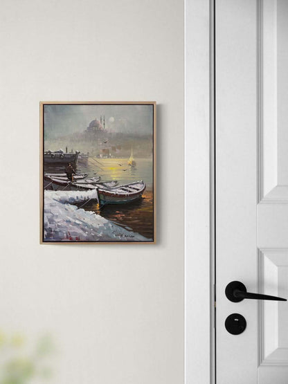 Kar Manzarasında Boğaz Yağlı Boya Tablosu