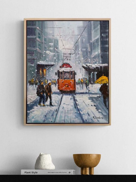 İstiklal Caddesinde Kış Yağlı Boya Tablosu