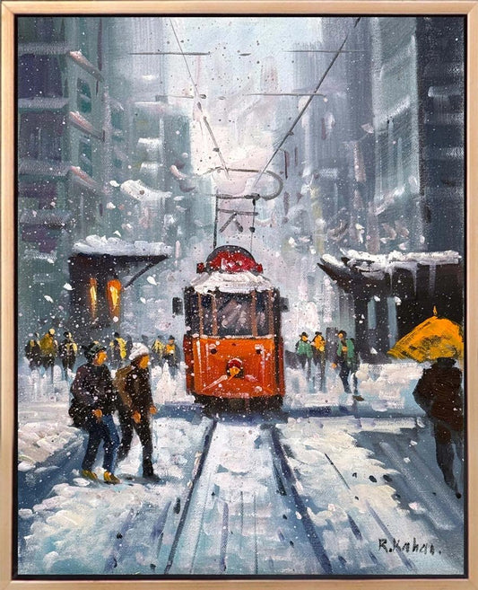 İstiklal Caddesinde Kış Yağlı Boya Tablosu