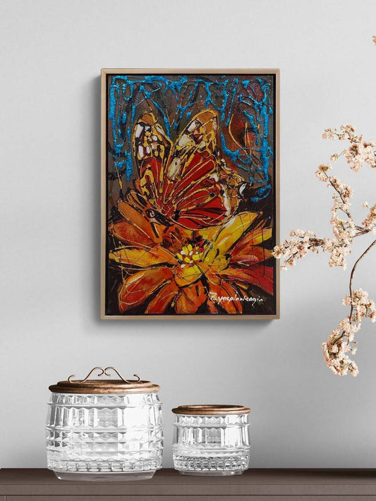 Çiçek Kalbinde Kelebek Yağlı Boya Tablosu