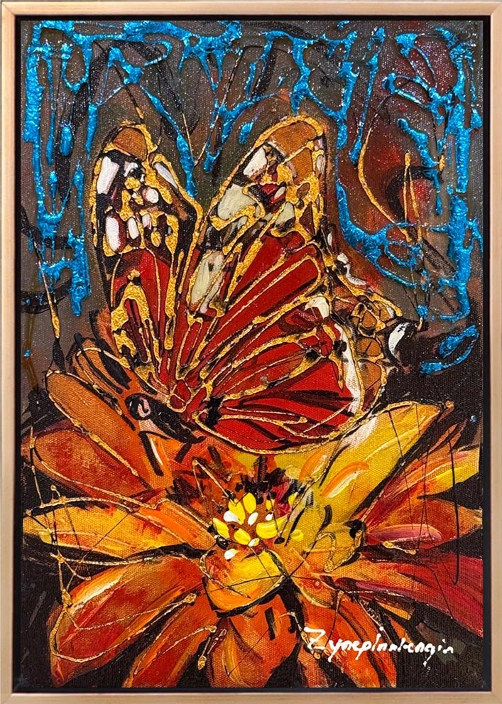 Çiçek Kalbinde Kelebek Yağlı Boya Tablosu