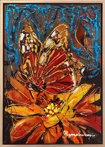 Çiçek Kalbinde Kelebek Yağlı Boya Tablosu