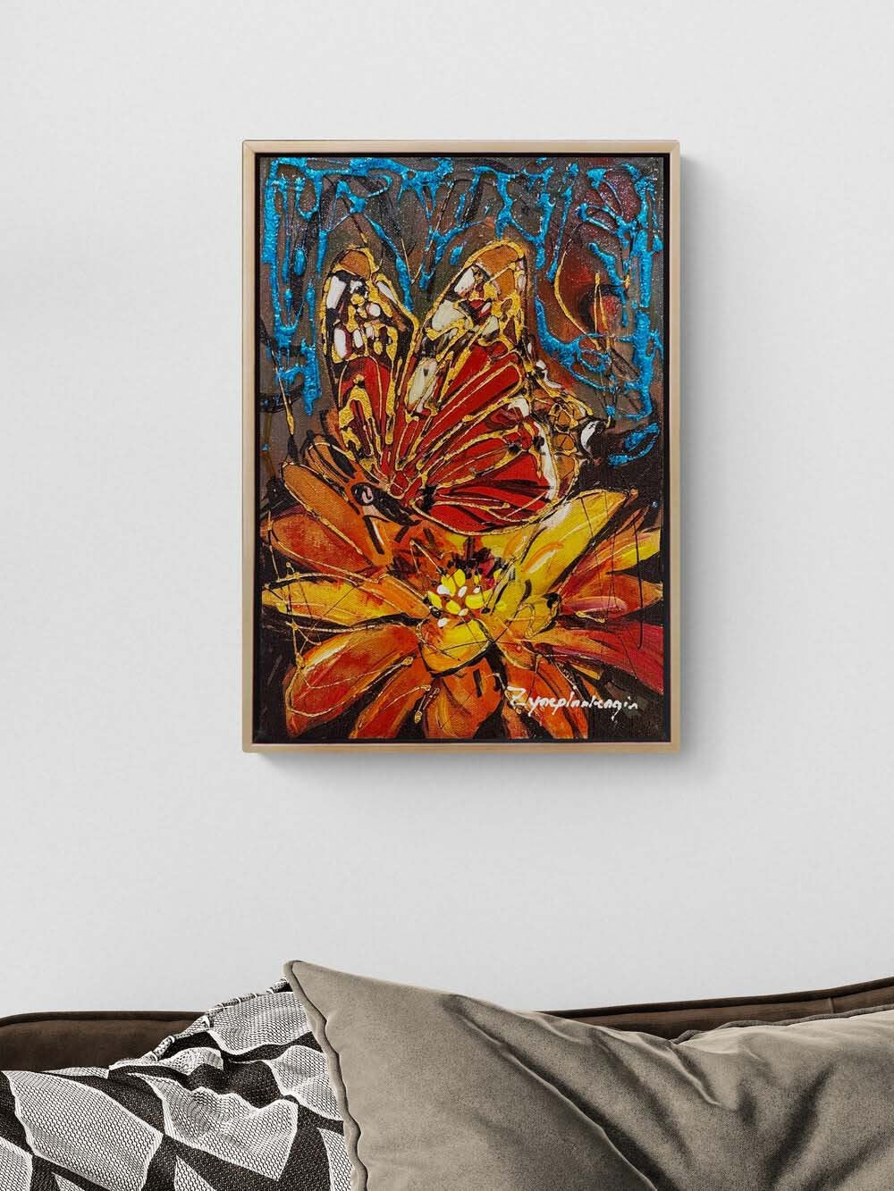 Çiçek Kalbinde Kelebek Yağlı Boya Tablosu