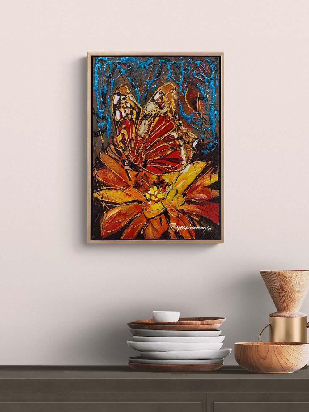 Çiçek Kalbinde Kelebek Yağlı Boya Tablosu