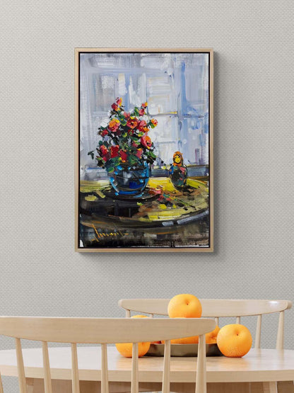 Cam Kenarında Çiçekler Yağlı Boya Tablosu