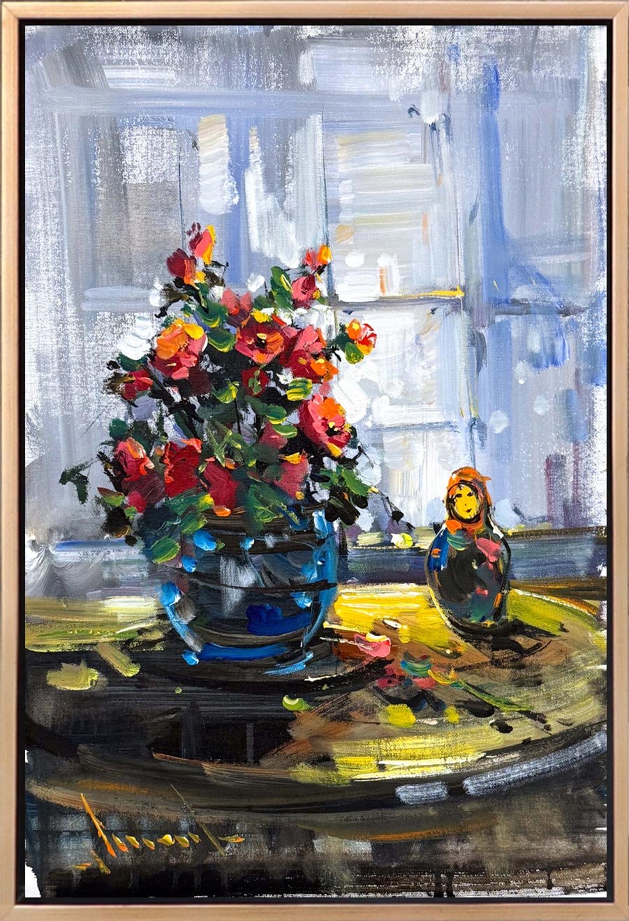 Cam Kenarında Çiçekler Yağlı Boya Tablosu