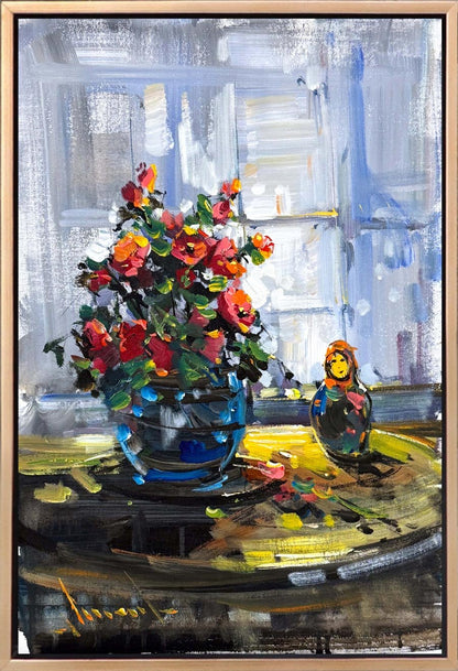 Cam Kenarında Çiçekler Yağlı Boya Tablosu