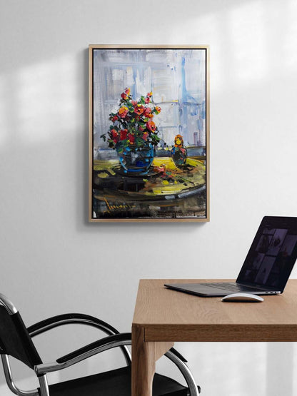 Cam Kenarında Çiçekler Yağlı Boya Tablosu