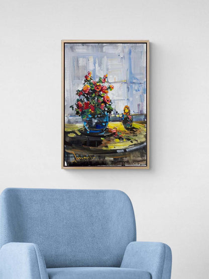 Cam Kenarında Çiçekler Yağlı Boya Tablosu