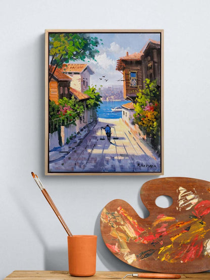 Boğazın Kıyısında Sokaklar Yağlı Boya Tablosu