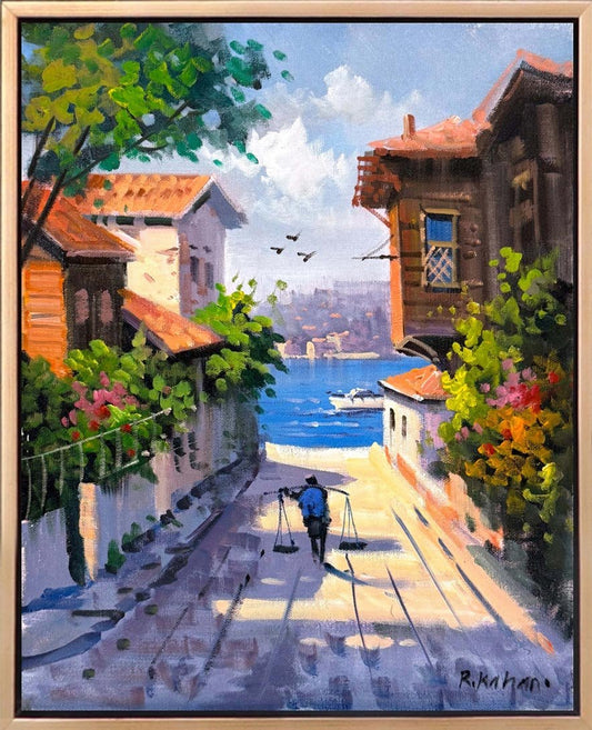 Boğazın Kıyısında Sokaklar Yağlı Boya Tablosu