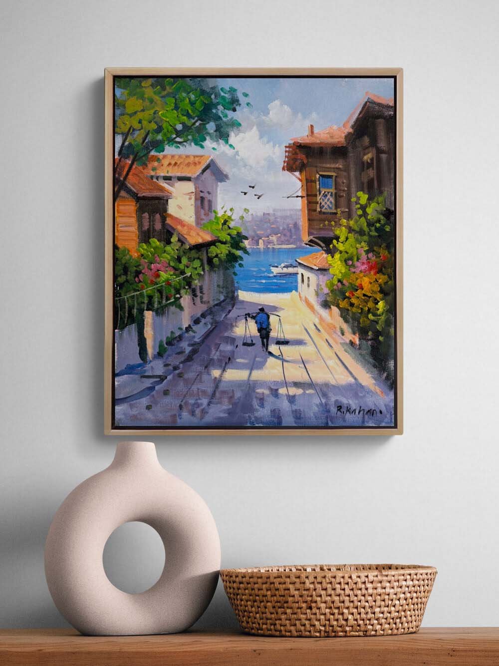 Boğazın Kıyısında Sokaklar Yağlı Boya Tablosu