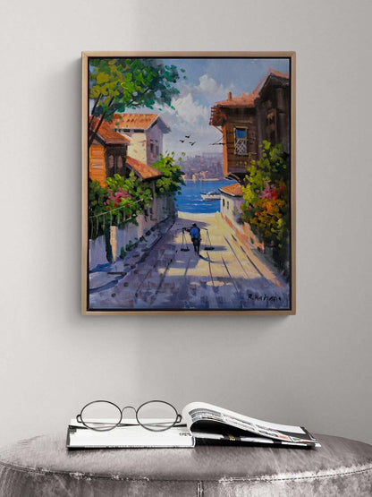 Boğazın Kıyısında Sokaklar Yağlı Boya Tablosu