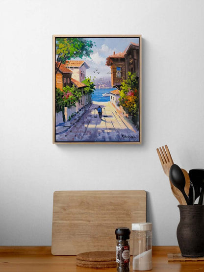 Boğazın Kıyısında Sokaklar Yağlı Boya Tablosu