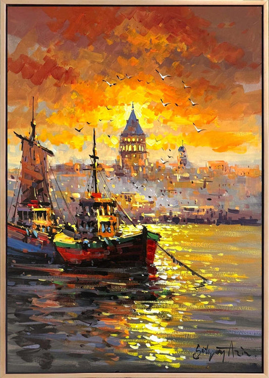 İstanbul Boğaz'ında Akşam Yağlı Boya Tablosu