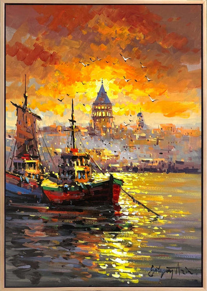 İstanbul Boğaz'ında Akşam Yağlı Boya Tablosu