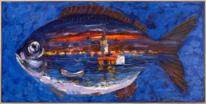 Balığın Kalbinde Kule Yağlı Boya Tablosu