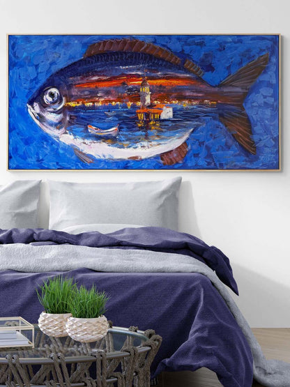 Balığın Kalbinde Kule Yağlı Boya Tablosu