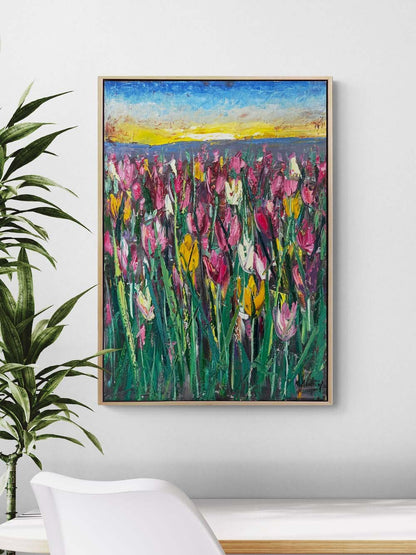 Lale Bahçesinde Sabah Yağlı Boya Tablosu