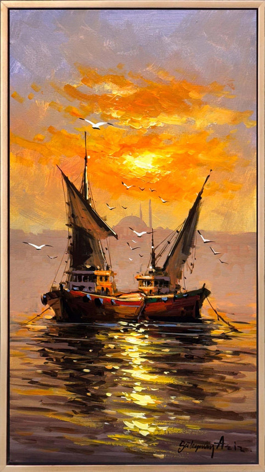 İstanbul Boğazının Balıkçıları Yağlı Boya Tablosu